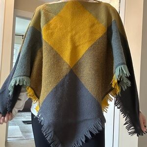 Vintage CHURCHILL HANDWOVEN Plaid Mustard and Charcoal Poncho